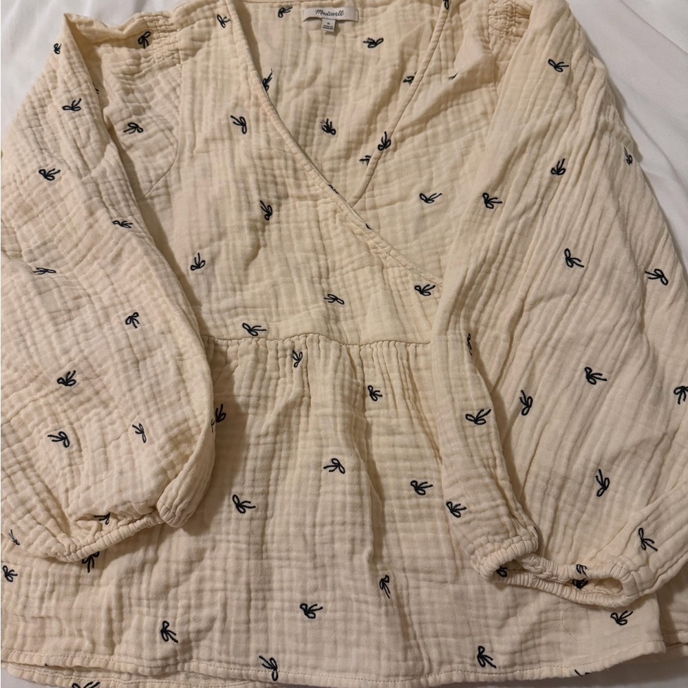 Madewell Cream Wrap Blouse with Navy Embroidery